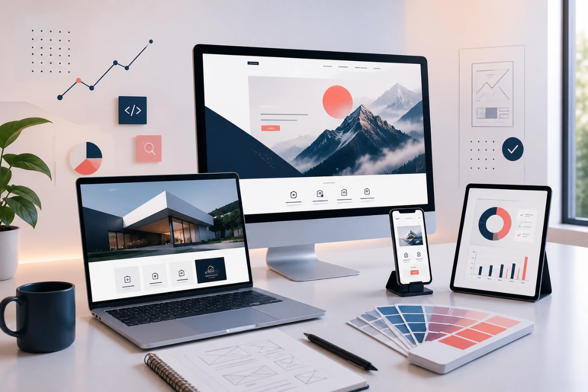 Modern digital workspace featuring responsive website mockups, creative UI design elements, and premium web development devices