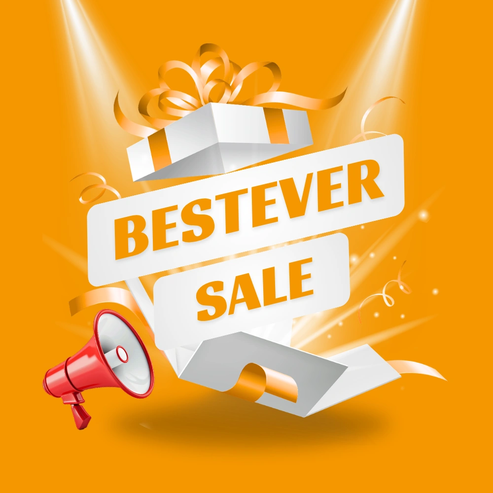 Bright orange Bestever Sale promotional banner featuring gift box, megaphone, and festive sale graphics