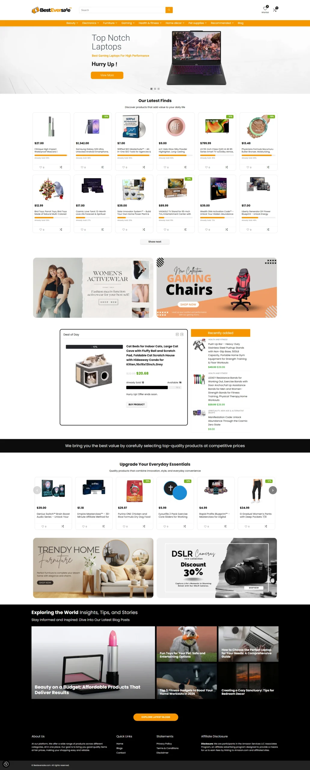 Screenshot of BesteverSale multi-product eCommerce website homepage developed by ATnod featuring electronics, furniture, gaming, and lifestyle products