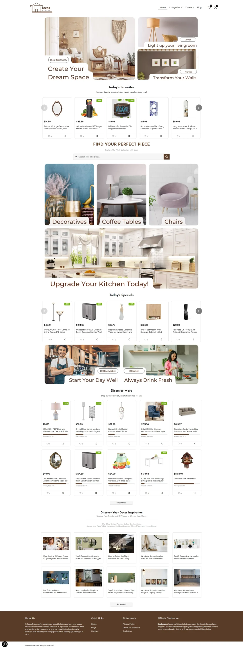 Screenshot of Decorstatus home decor eCommerce website designed by ATnod featuring furniture, lighting, kitchen decor, and modern interior products