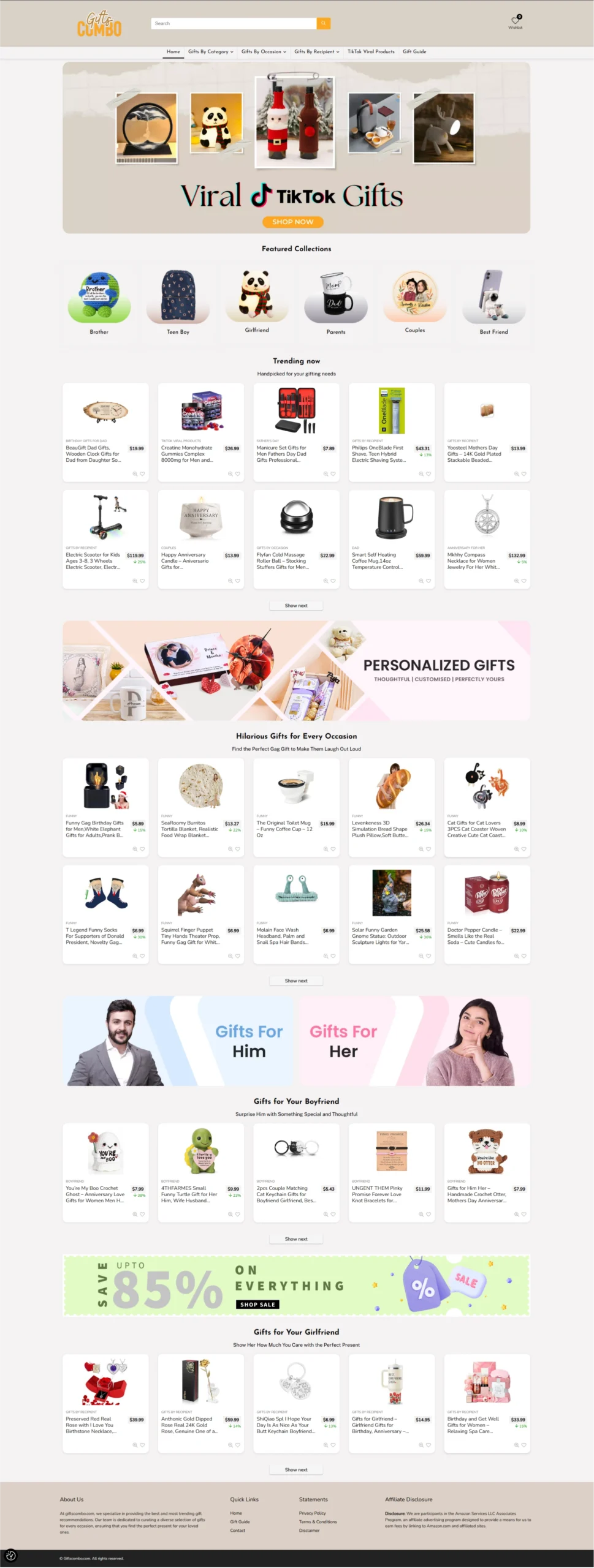 Giftcombo online gifting website homepage developed and designed by ATnod showcasing gift collections and trending products